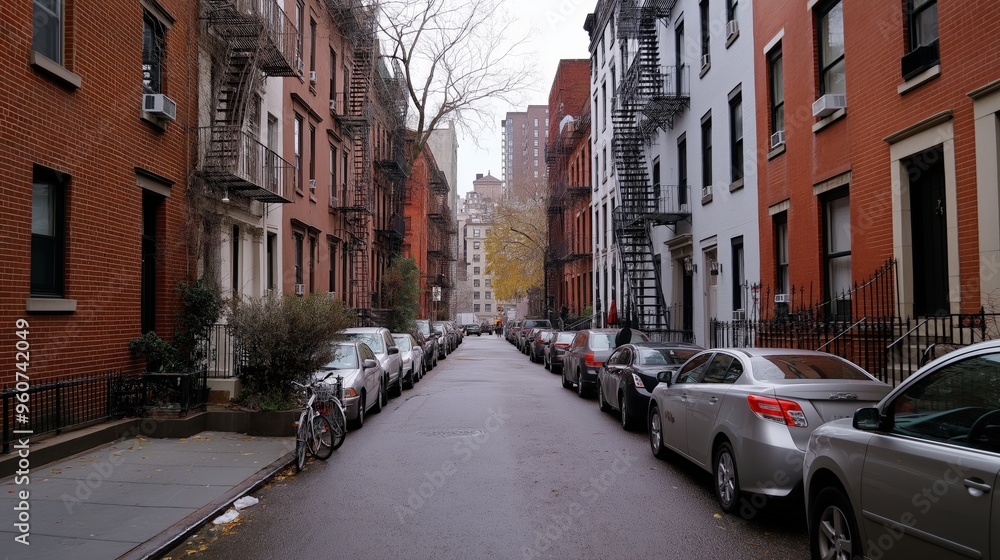Obraz premium Historic narrow brownstone street, with fire escapes on buildings. AI generated