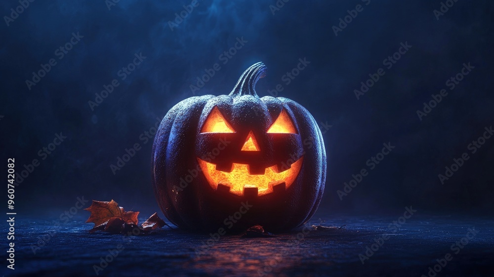 A halloween lit Jack O Lantern in a spotlight glow on a wide dark blue background A halloween lit Jack O Lantern in a spotlight glow on a wide dark blue background