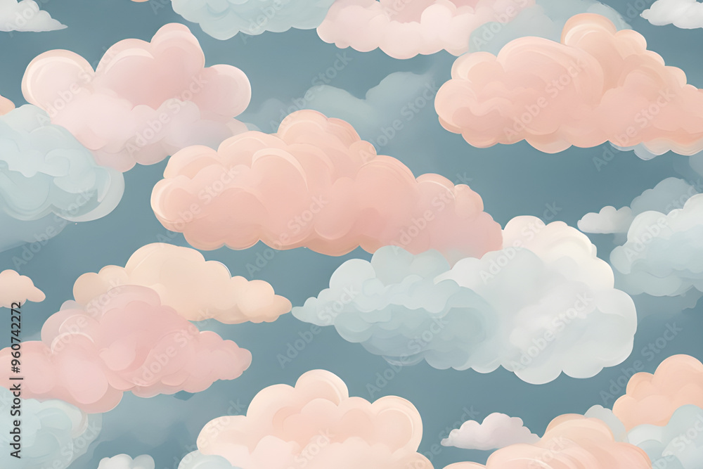 Obraz premium Whimsical Cloud Pattern Wall Background, Soft Pastels for a Dreamy and Serene Atmosphere