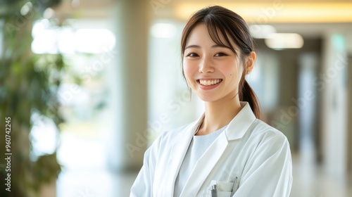 Smiling Female Doctor in White Coat with a Blurred Background