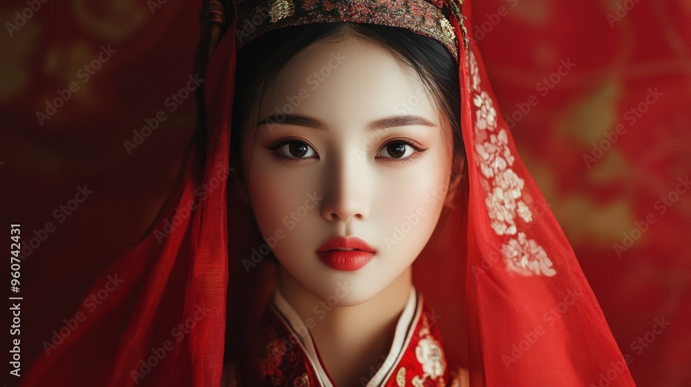 Portrait of a Woman in a Red Chinese Dress and Headdress Portrait of a Woman in a Red Chinese Dress and Headdress