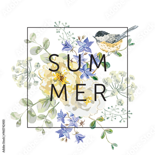 Yellow rose flowers, bird, bellflower, leaves, square frame, white background. Print for t shirt, poster, text Summer. Vector illustration. Floral arrangement. Design template greeting card
