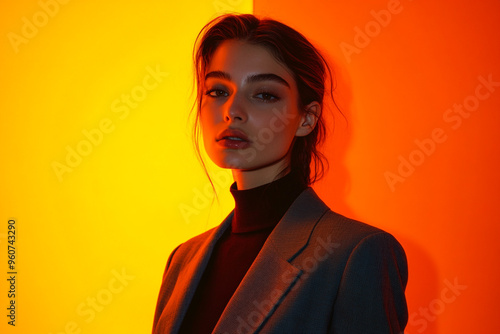 High Energy Woman in Dark Gray Suit with Solid Neon Orange Trendsetting Fashion Lifestyle Portrait Background