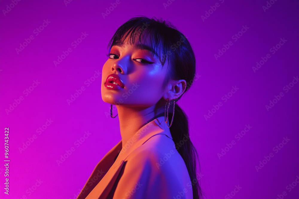 Modern Beige Suit with Solid Neon Purple Chic Womans Fashion Lifestyle Portrait Background Modern Beige Suit with Solid Neon Purple Chic Womans Fashion Lifestyle Portrait Background