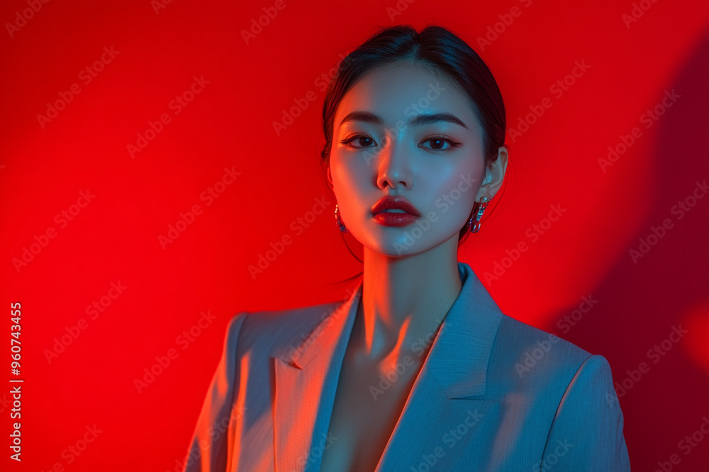 Chic Light Gray Suit with Solid Neon Red Contemporary Fashion Lifestyle Portrait Background Chic Light Gray Suit with Solid Neon Red Contemporary Fashion Lifestyle Portrait Background