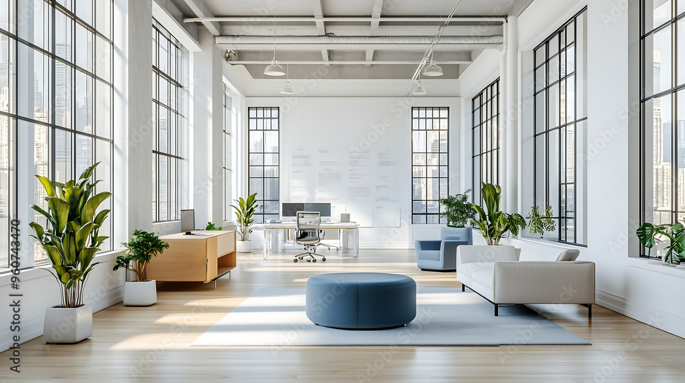 A bright and modern open space office interior featuring clean white walls and sleek blue accents, with minimalist furniture A bright and modern open space office interior featuring clean white walls and sleek blue accents, with minimalist furniture