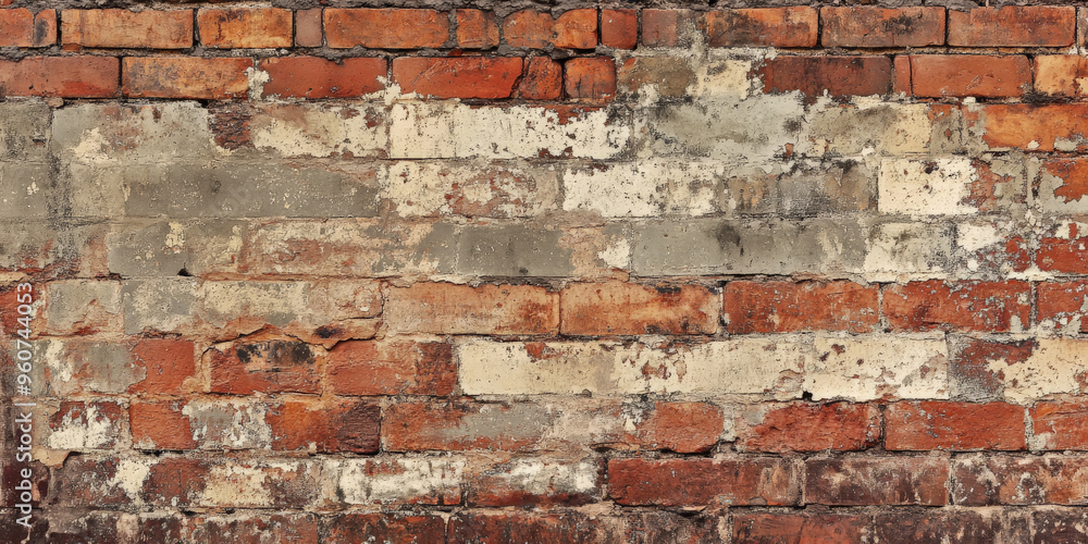Naklejka premium A rustic, aged brick wall with varying shades of red and brown, with chipped surfaces and patches of moss adding character.