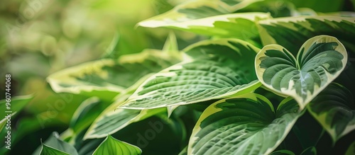 Close Up Of Hosta Fortunei Aureomarginata Funkia Ovata Albo Picta Green Leaves Wide Brim photo