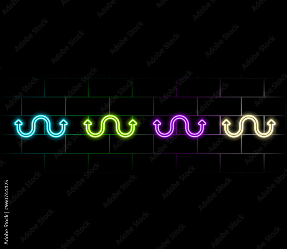 3d render, abstract minimalist geometric background. Glowing neon arrow points right, direction symbol 3d render, abstract minimalist geometric background. Glowing neon arrow points right, direction symbol