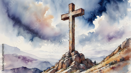 Watercolor illustration of a cross on a mountain, with soft, muted tones capturing the peaceful and spiritual atmosphere.For spiritual artwork or card designs.Generative AI photo