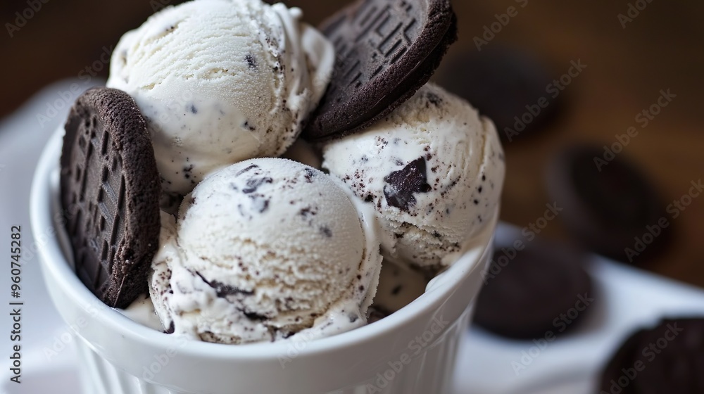 A bowl of ice cream with chocolate chips and cookies on top A bowl of ice cream with chocolate chips and cookies on top