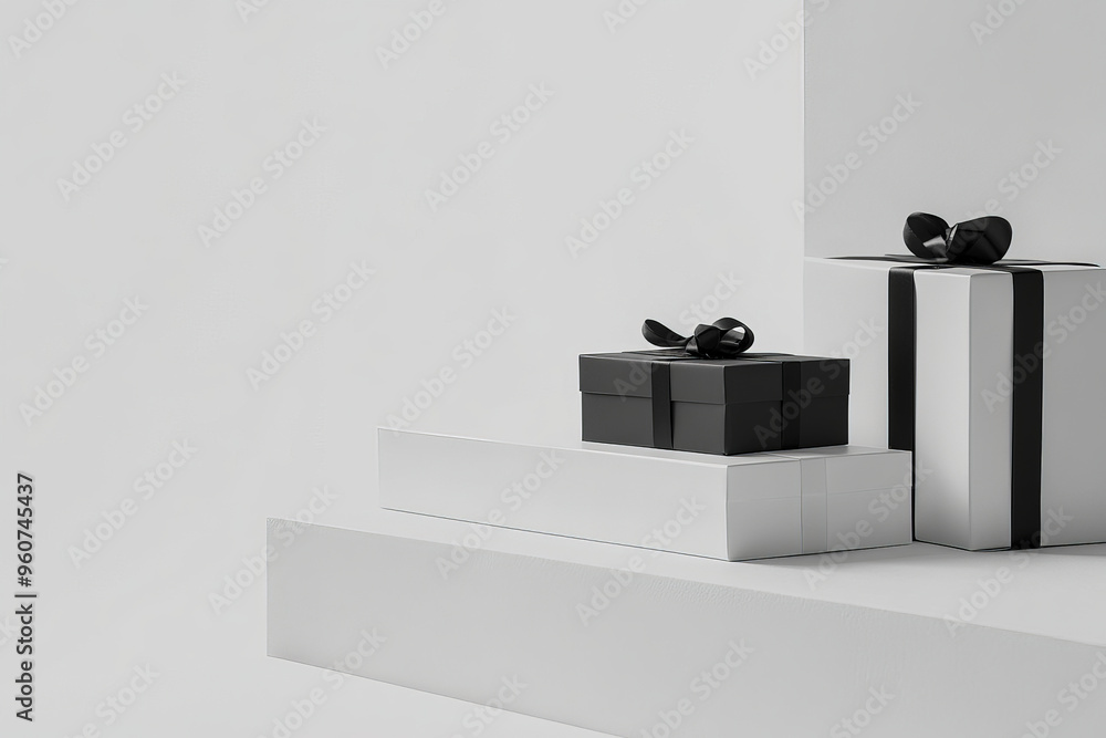 A minimalist background with sleek, monochrome gift boxes, placed on a clean, white surface with sharp lines and modern design elements, creating a sophisticated look. A minimalist background with sleek, monochrome gift boxes, placed on a clean, white surface with sharp lines and modern design elements, creating a sophisticated look.