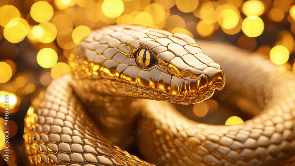 Obraz premium Snake sculpture surrounded by New Years lights, 2025, festive ambiance