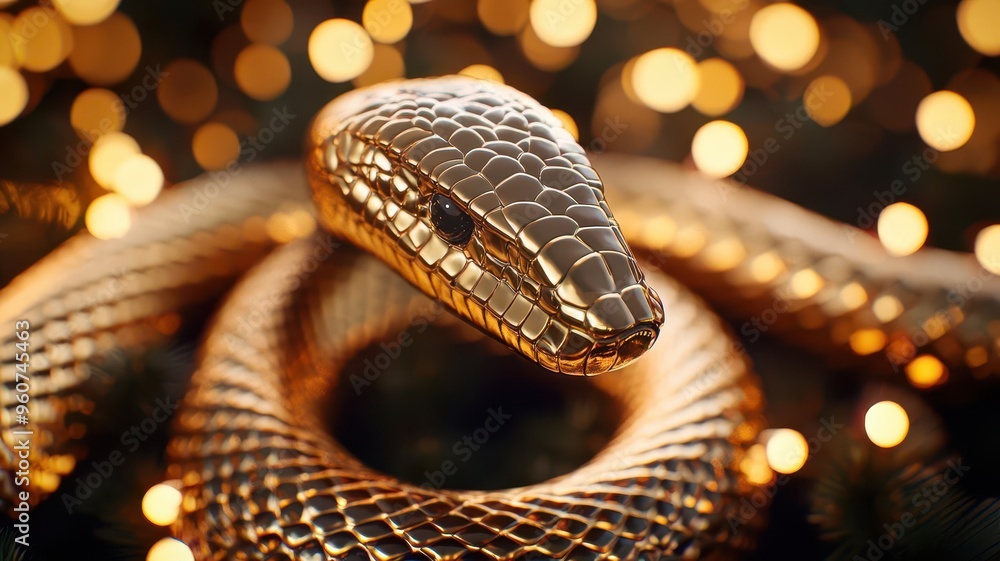 Snake sculpture surrounded by New Years lights, 2025, festive ambiance Snake sculpture surrounded by New Years lights, 2025, festive ambiance