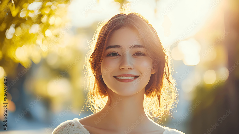 Woman with cute smile in outdoor setting with soft sunlight Woman with cute smile in outdoor setting with soft sunlight