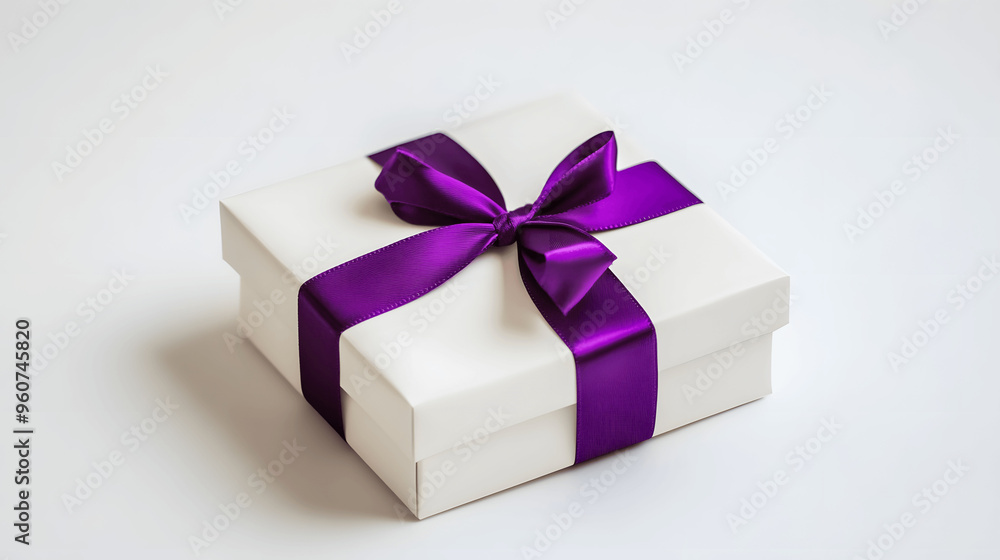 Fototapeta premium White gift box with purple ribbon on white backdrop