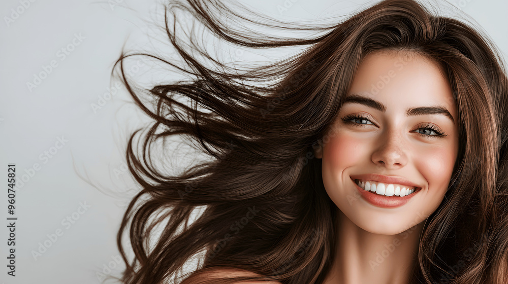 Woman smiling with long hair flowing, soft lighting and serene expression Woman smiling with long hair flowing, soft lighting and serene expression