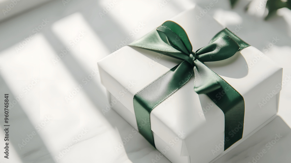 White gift box with green ribbon in soft natural light White gift box with green ribbon in soft natural light