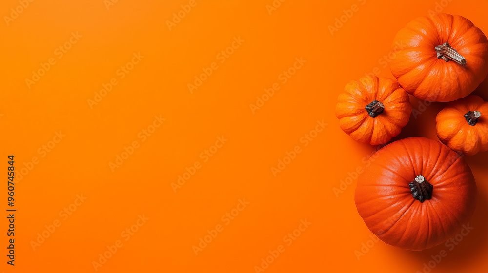 Four pumpkins creating a halloween themed background on orange surface with copy space Four pumpkins creating a halloween themed background on orange surface with copy space