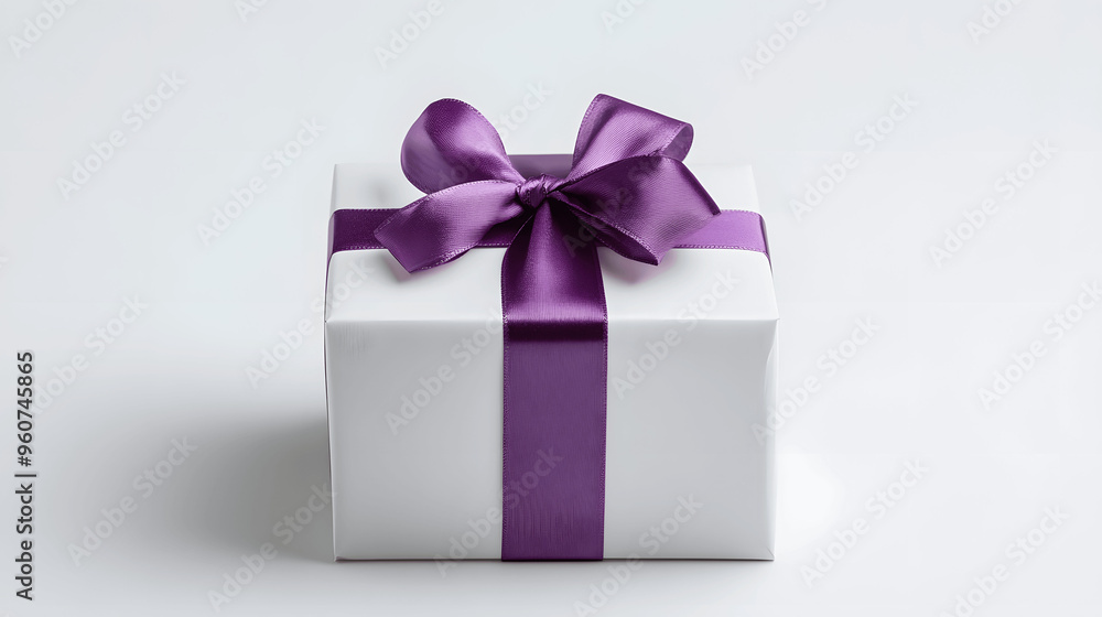 White gift box with purple ribbon on white backdrop White gift box with purple ribbon on white backdrop
