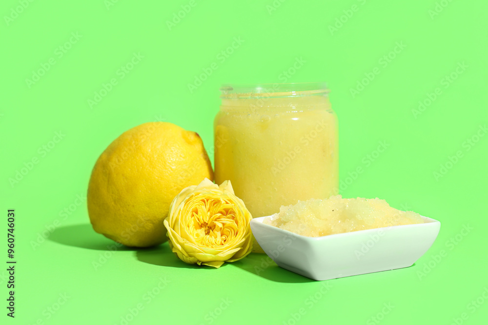 Natural body scrub, rose flower and lemon on green background Natural body scrub, rose flower and lemon on green background