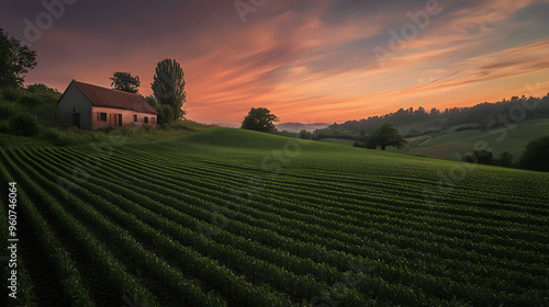 Small rural farmhouse with green fields and crops at sunset photo