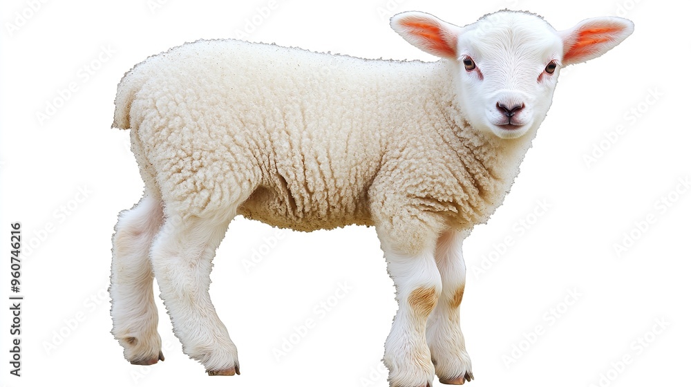 Fototapeta premium A baby lamb stands in front of a white background