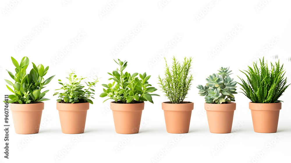 Fototapeta premium Set of plants in terracotta pots on white background
