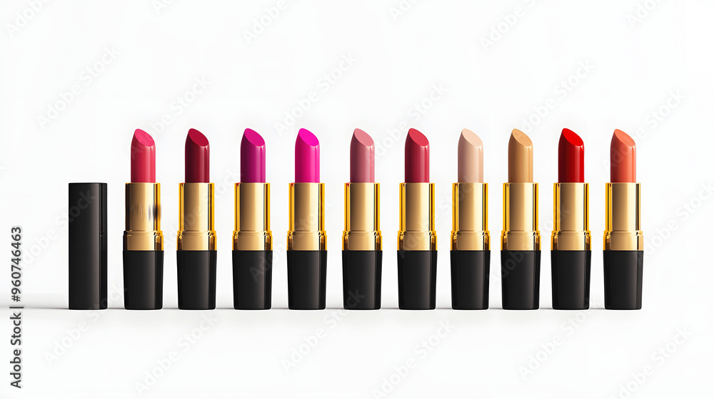 Set of lipsticks in various shades arranged in a row on white background Set of lipsticks in various shades arranged in a row on white background
