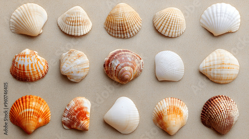 Set of seashells arranged in a grid on sandy background photo