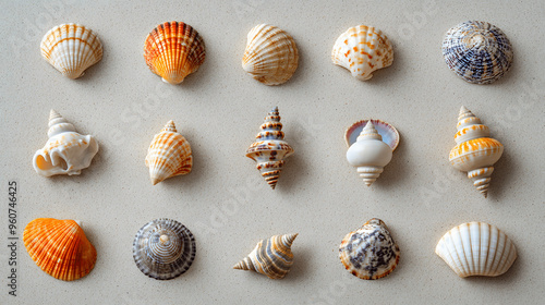 Set of seashells arranged in a grid on sandy background photo