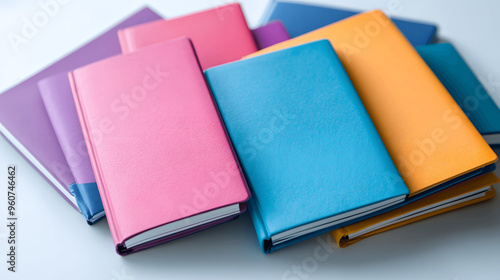 Set of colorful notebooks in various sizes arranged on white surface photo