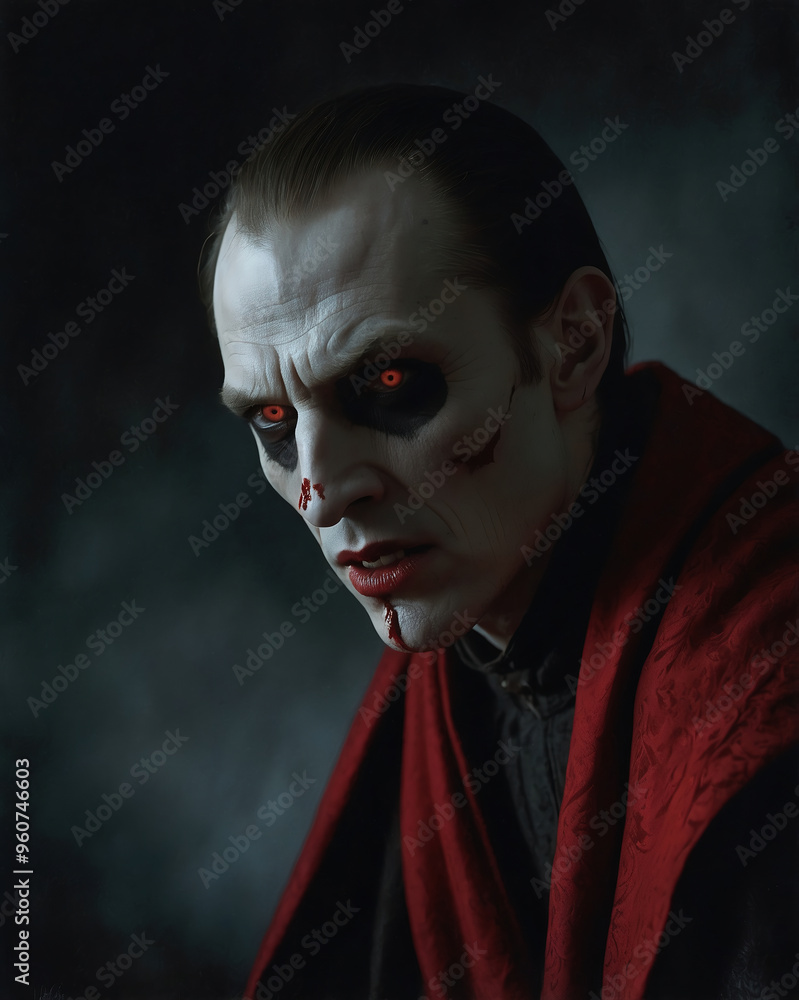 Sinister Vampire with Bloodied Lips and Red Cloak in Dark Halloween Setting Sinister Vampire with Bloodied Lips and Red Cloak in Dark Halloween Setting