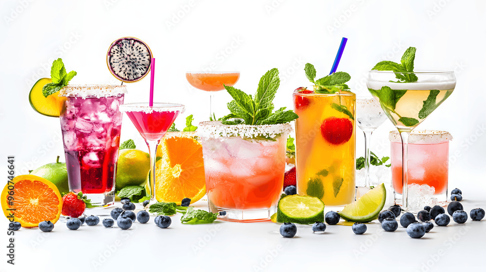 Set of colorful cocktails with fruit garnishes on white background Set of colorful cocktails with fruit garnishes on white background