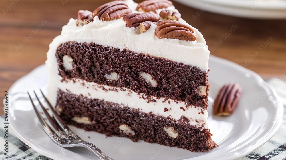 A slice of chocolate cake with nuts on top of a white plate A slice of chocolate cake with nuts on top of a white plate