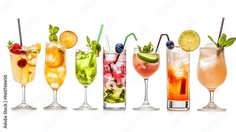 Set of colorful cocktails with fruit garnishes on white background