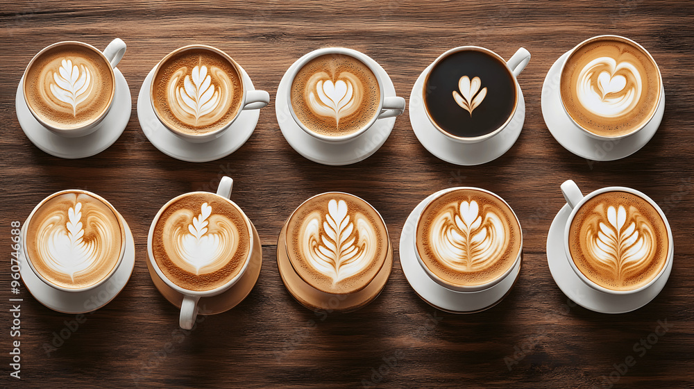 Set of coffee cups with latte art on wooden table Set of coffee cups with latte art on wooden table