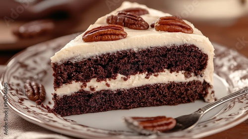 A slice of chocolate cake with pecans on top