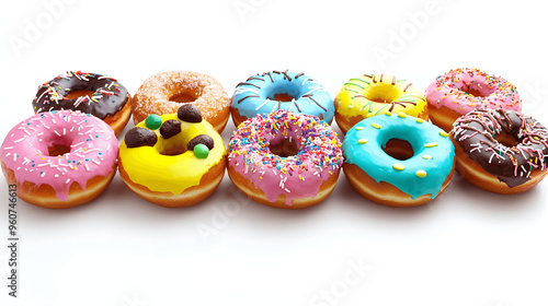 Set of donuts with colorful frosting and toppings in a row