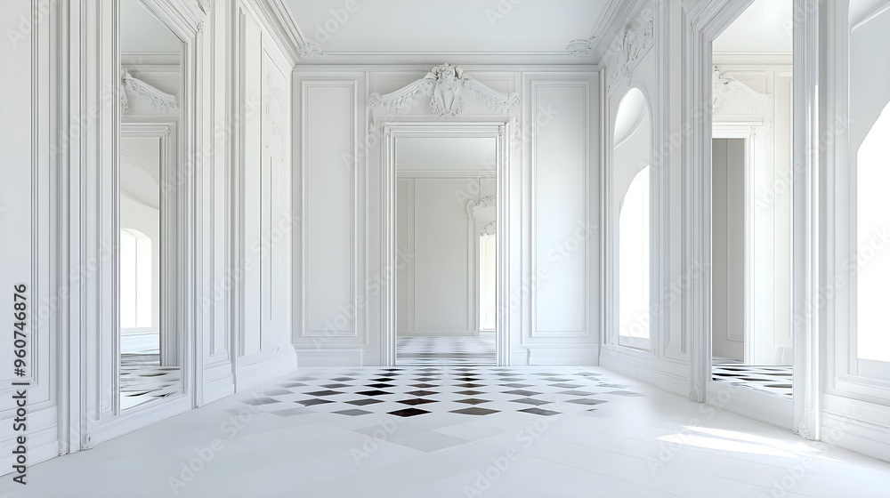 Elegant White Interior with Tall Windows and Marble Floor Elegant White Interior with Tall Windows and Marble Floor