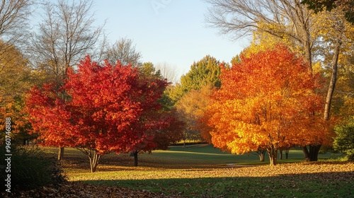 A vibrant autumn landscape with trees showcasing red, orange, and yellow leaves under a clear sky.