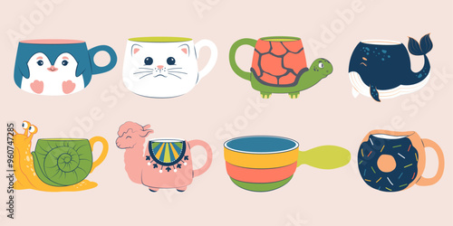 Set of colorful cups of different shapes. Mugs in the shape of animals. Cat, llama, penguin, turtle, whale, snail, donut.
Vector illustration in flat style.