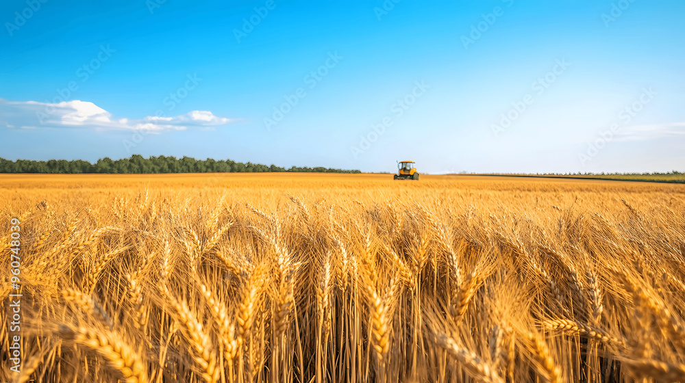Obraz premium Golden wheat field with tractor under clear blue sky