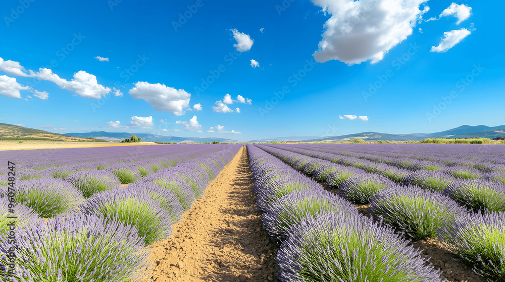 Lavender fields stretching into the distance under a blue sky Lavender fields stretching into the distance under a blue sky