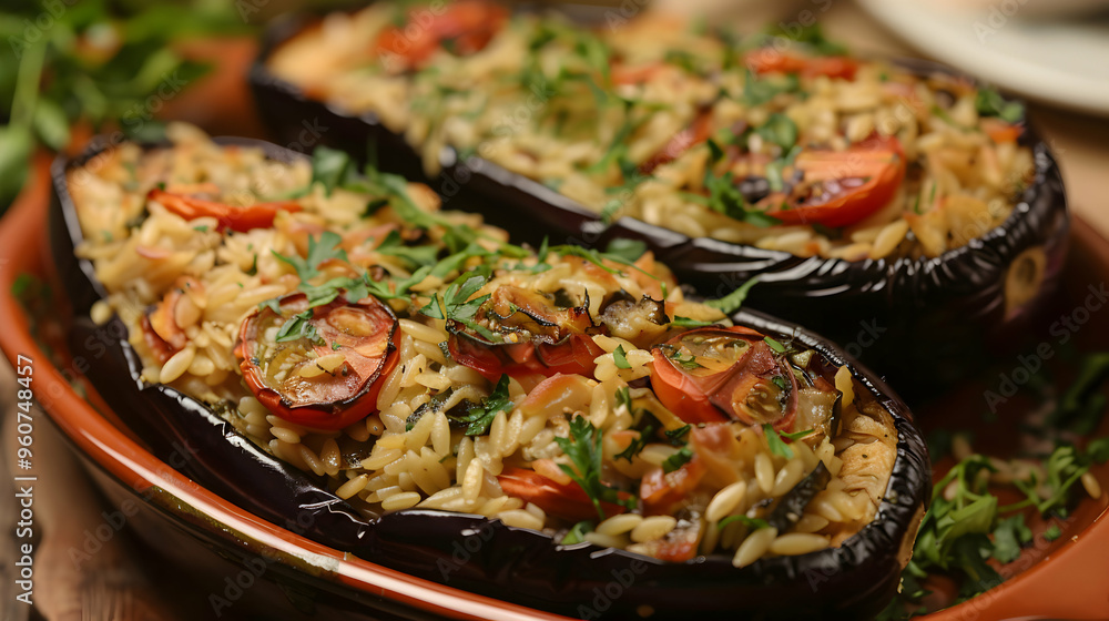 Greek Style Stuffed Eggplant With Orzo. Greek Style Stuffed Eggplant With Orzo.