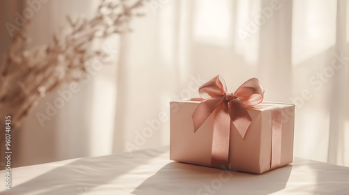 Elegant gift box with rose gold ribbon in soft lighting