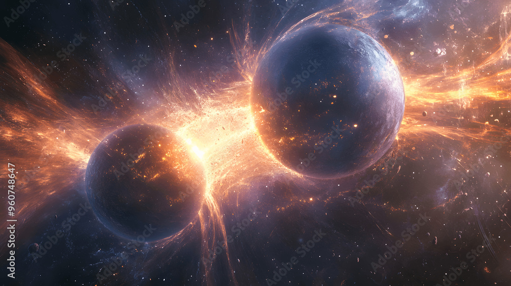 Obraz premium Two planets colliding in deep space with cosmic explosions