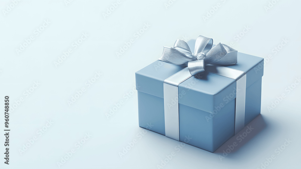 Blue gift box with silver ribbon on white background Blue gift box with silver ribbon on white background