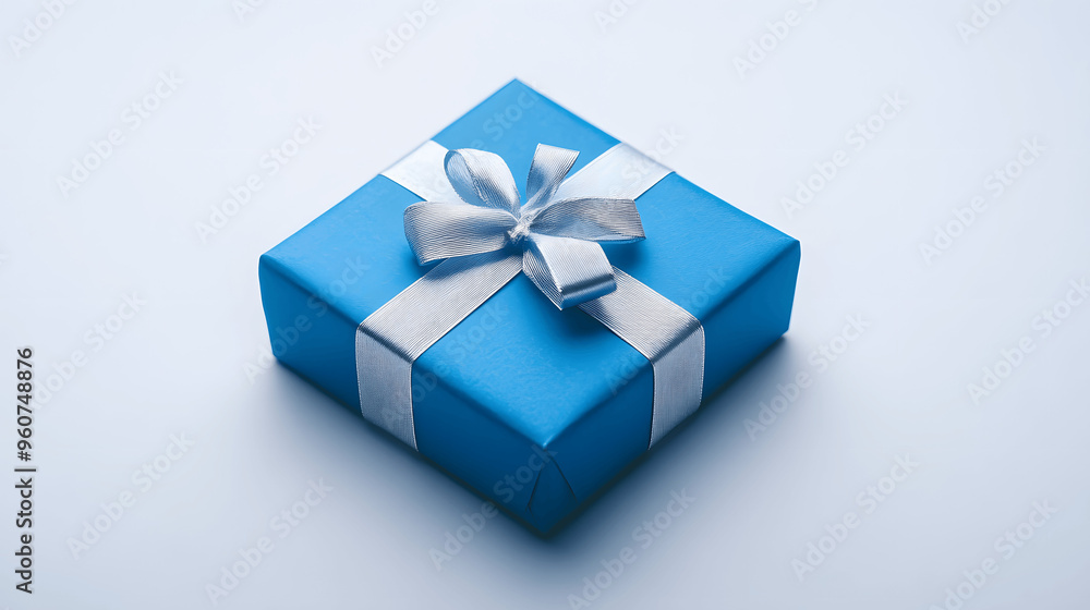 Blue gift box with silver ribbon on white background Blue gift box with silver ribbon on white background