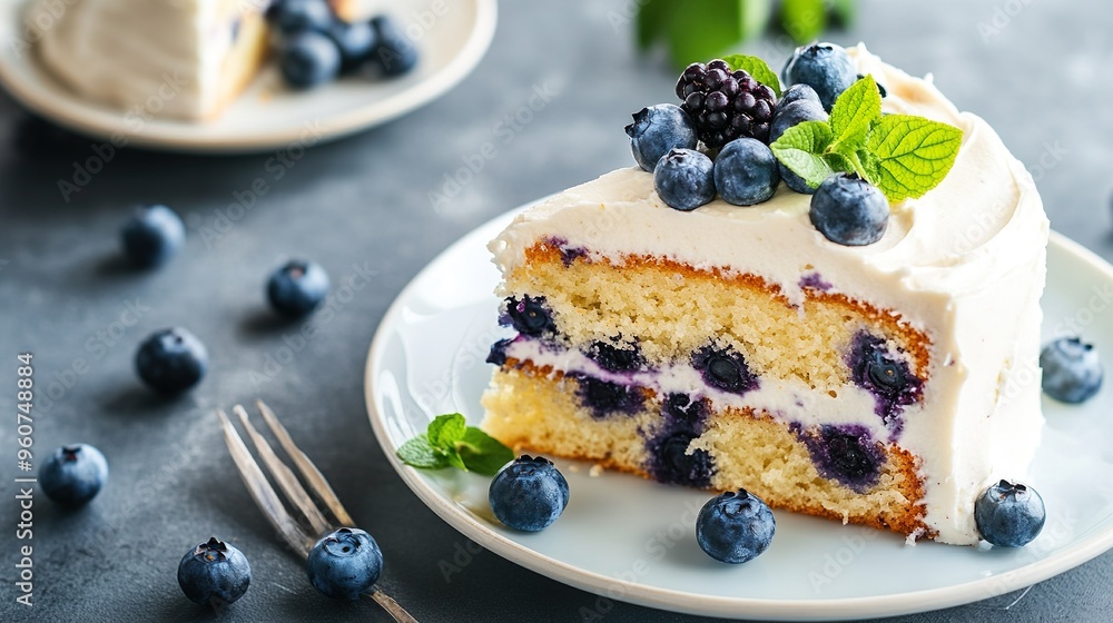 A slice of cake with blueberries and mint on top A slice of cake with blueberries and mint on top